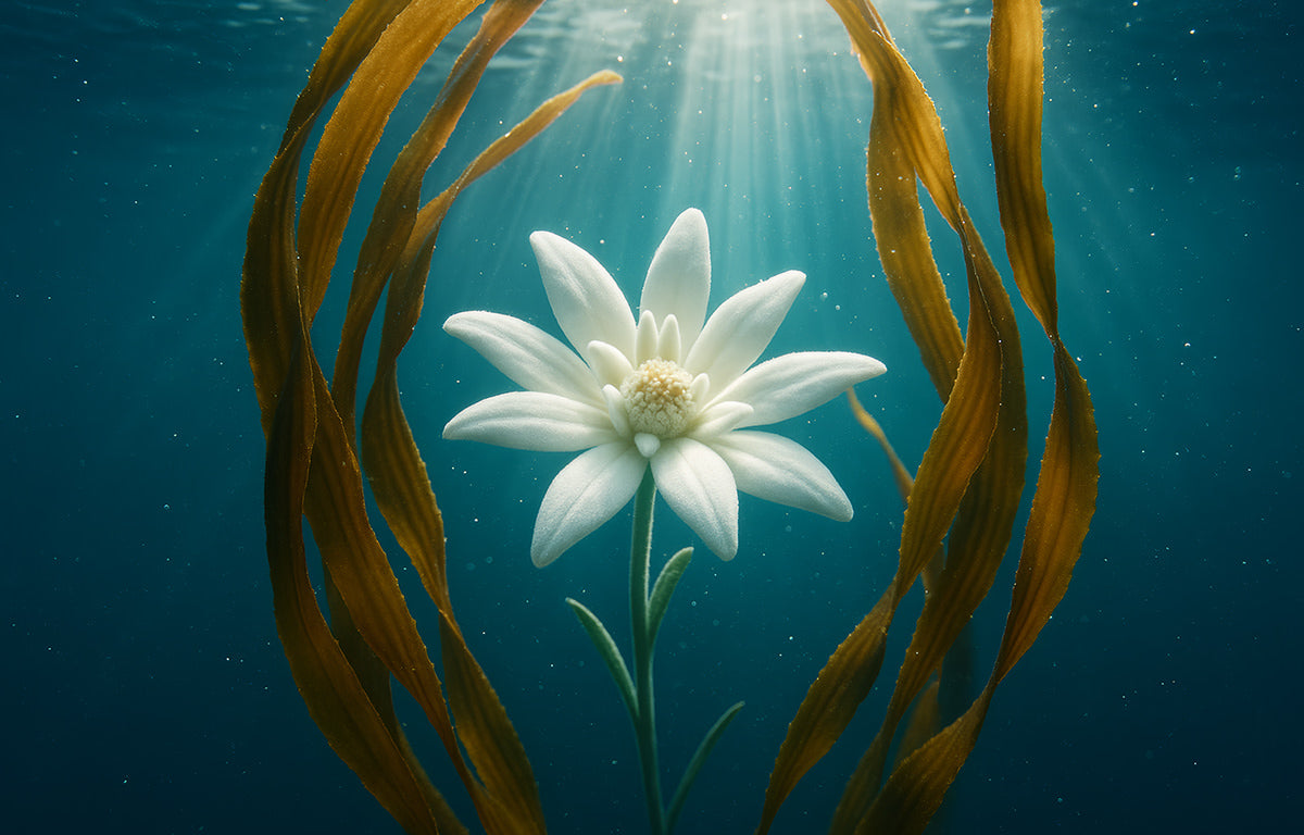An image of kelp and edelweiss flower under water, ingredients used in Fix Studios medical-grade RadiantGaze™ Brightening Mineral Eye Defense SPF 50+ that naturally create an antioxidant shield