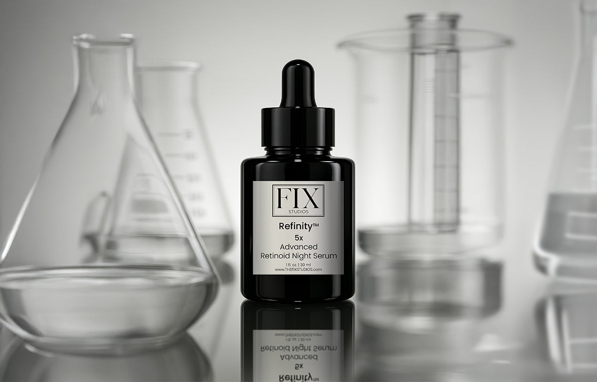 A bottle of Fix Studios medical-grade  Refinity™ Advanced Retinoid Night Serum is pictured with lab beakers