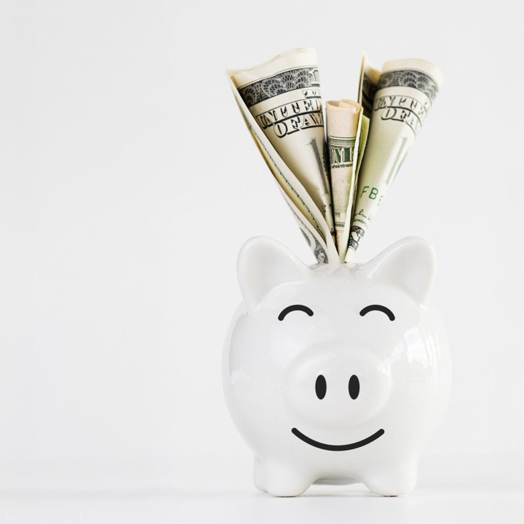 A white piggy bank with dollars saving for Fix Studios medspa financing