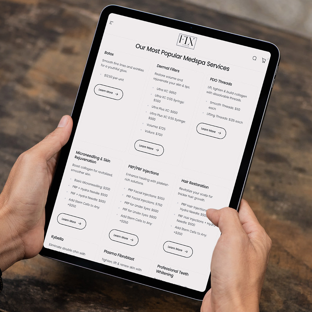 Fix Studios Cincinnati Mason OH Medspa Pricing displayed on an iPad