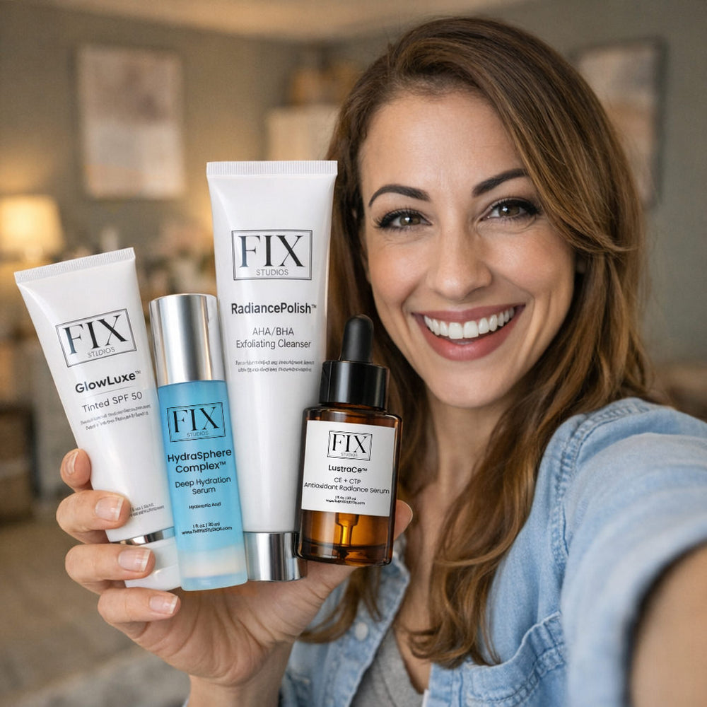 A woman takes a photo with multiple Fix Studios Medical-Grade Skincare Products