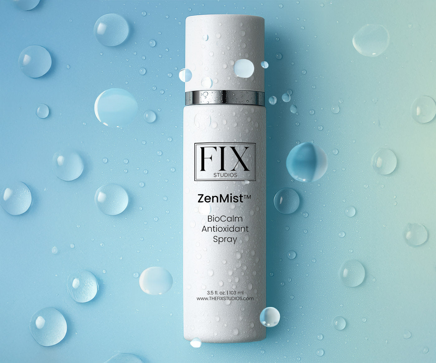 Fix Studios ZenMist™ BioCalm Antioxidant Spray offers cooling calm in this face spray featured on a cool background and water droplets