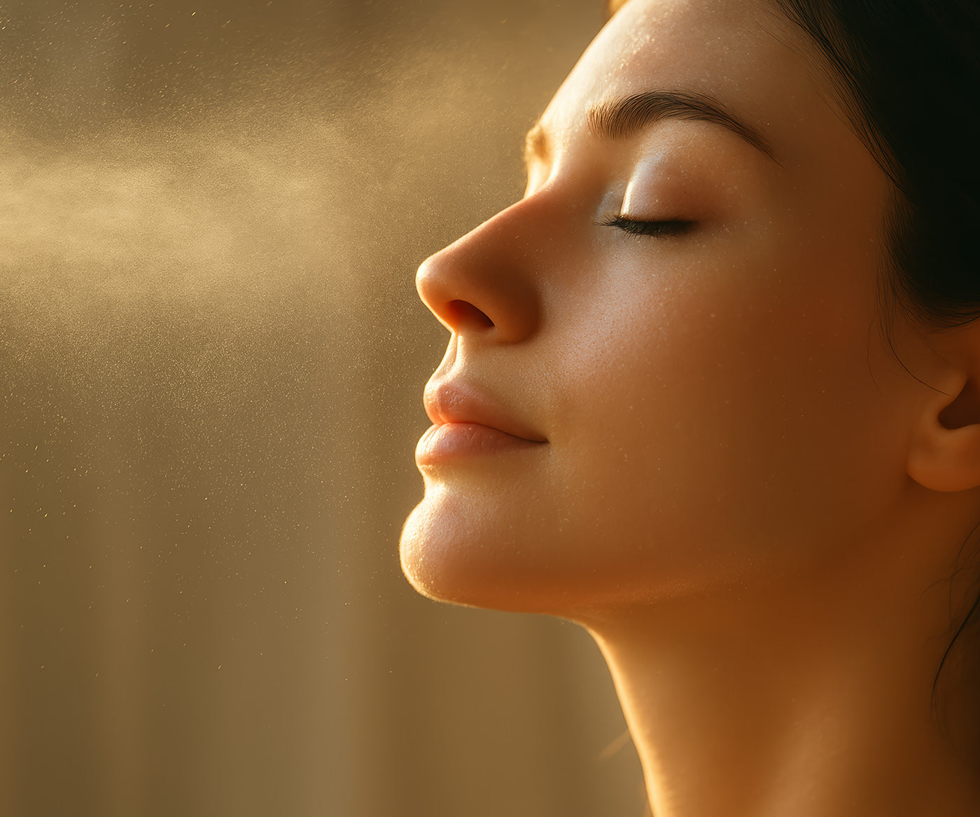 A beautiful woman mists her face with Fix Studios ZenMist™ BioCalm Antioxidant Spray